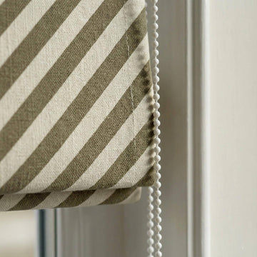 Custom Linen Roman Shade, Olive Taupe Diagonal Stripe, Corded Blind — image 1