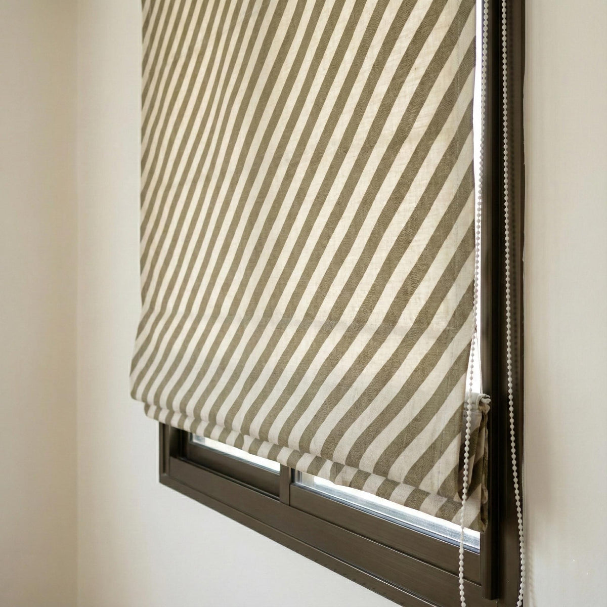 Custom Linen Roman Shade, Olive Taupe Diagonal Stripe, Corded Blind — image 7