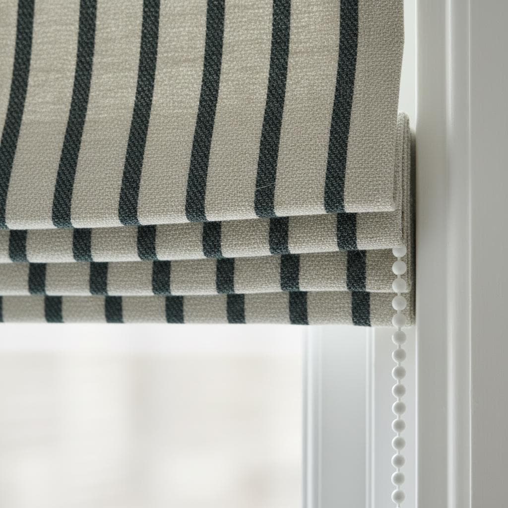 Striped Linen Roman Shade, Black Pinstripe, Custom Corded Blind — image 1