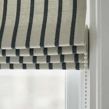 Striped Linen Roman Shade, Black Pinstripe, Custom Corded Blind — image 1