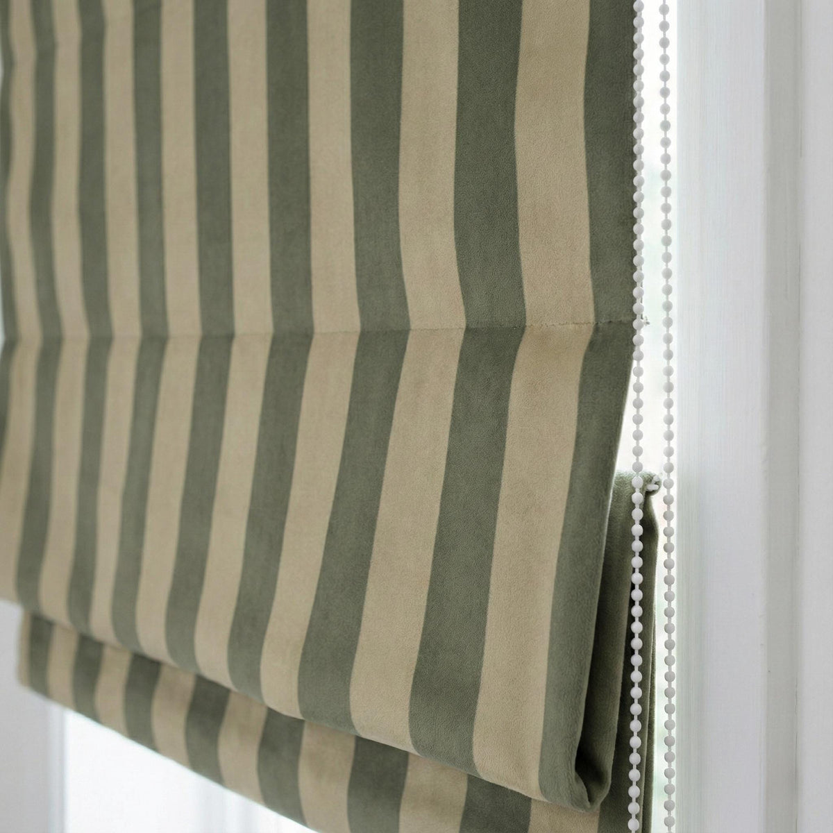 Custom Sage Green Striped Velvet Roman Shade, Oeko Tex — image 1