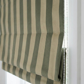 Custom Sage Green Striped Velvet Roman Shade, Oeko Tex — image 1