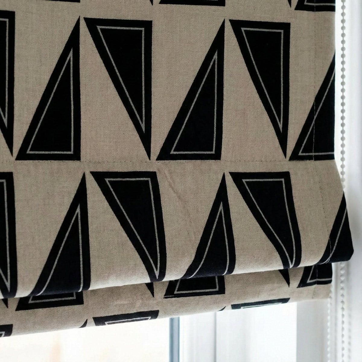 Beige Linen Roman Shade, Black Geometric Triangle Print, Custom Corded Blind — image 1