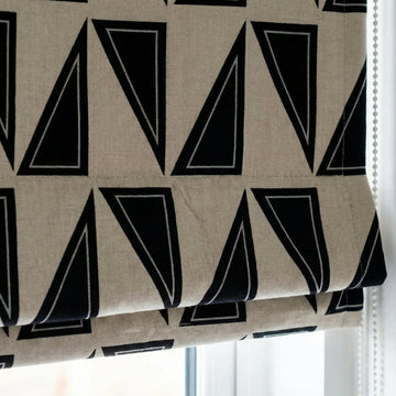 Beige Linen Roman Shade, Black Geometric Triangle Print, Custom Corded Blind — image 1