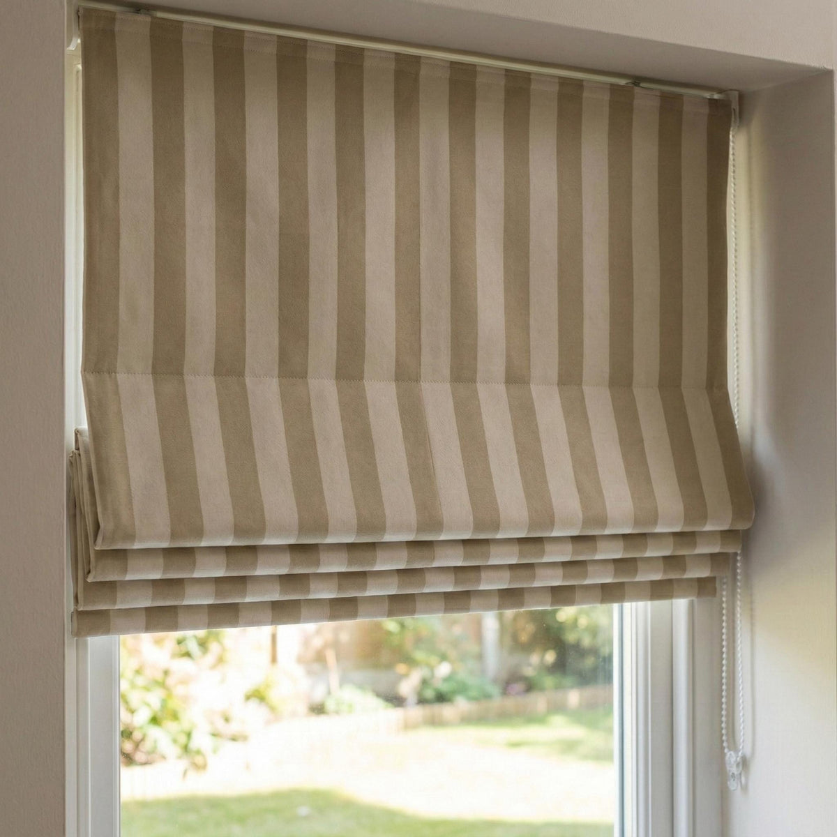 Custom Beige Striped Velvet Roman Shade, Blackout or Light Filtering — image 2