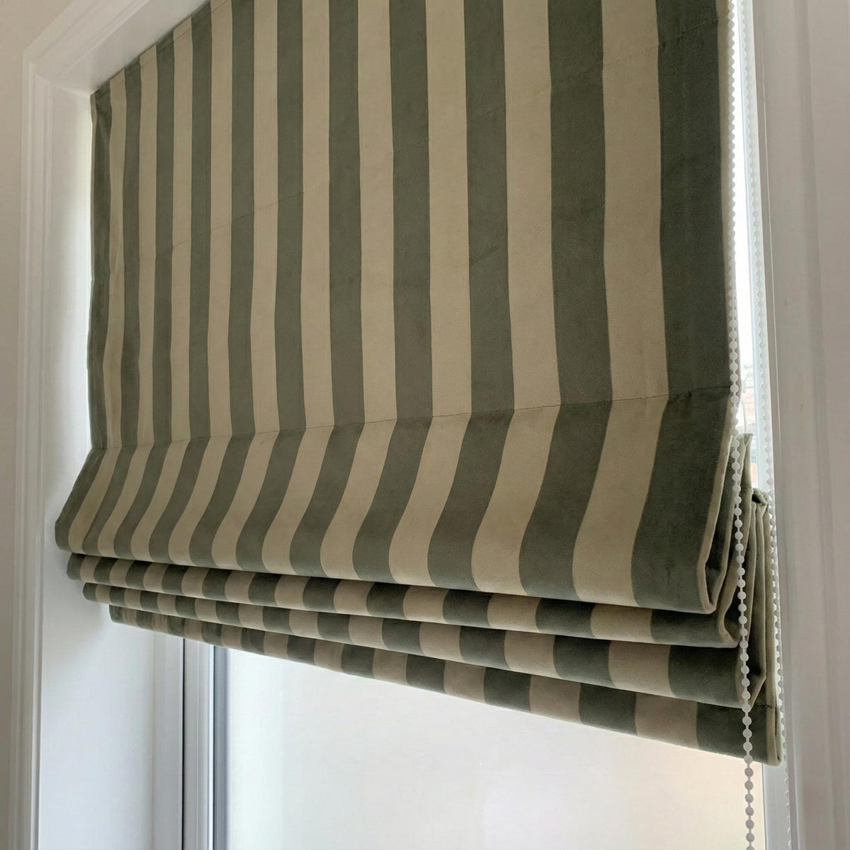 Custom Sage Green Striped Velvet Roman Shade, Oeko Tex — image 2
