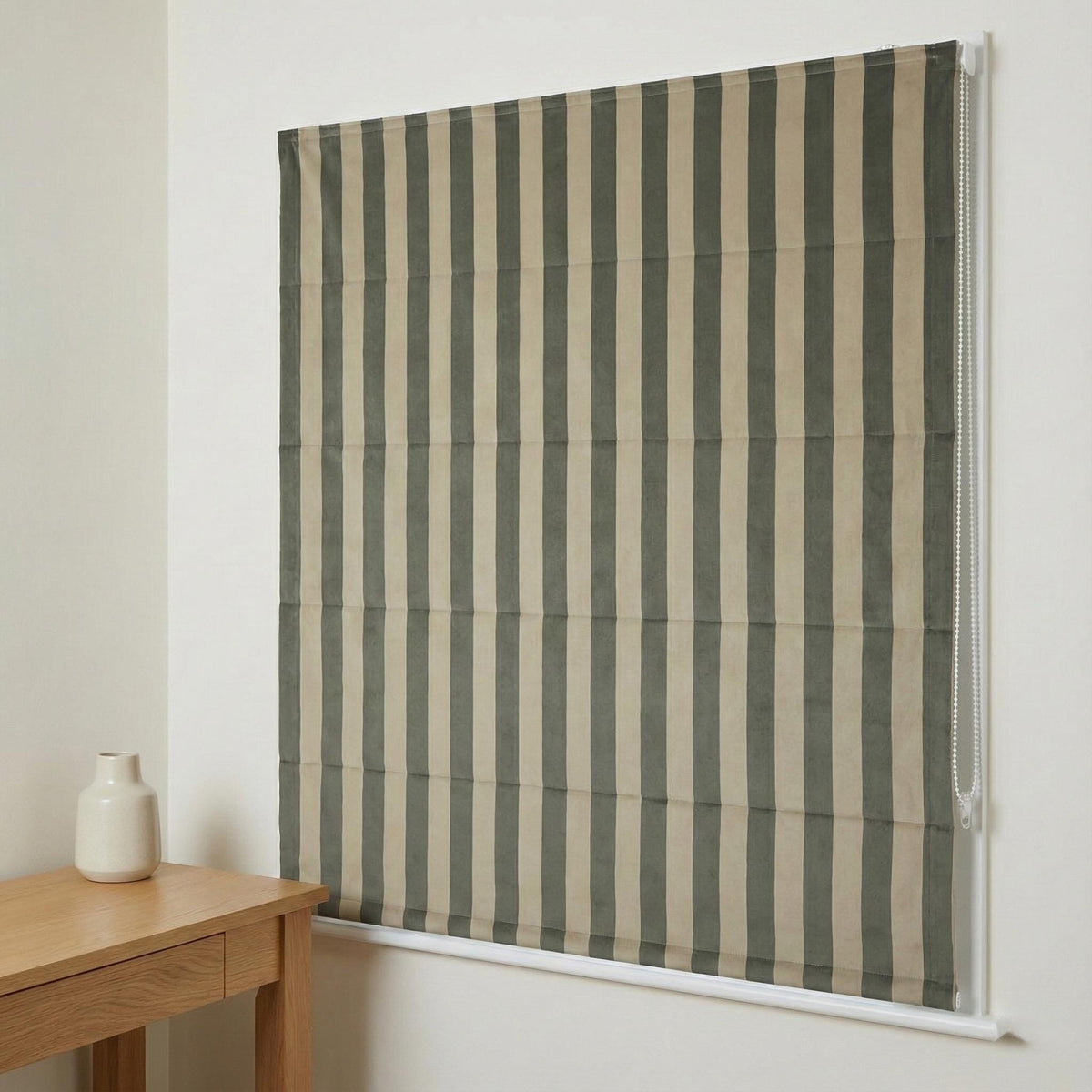 Custom Sage Green Striped Velvet Roman Shade, Oeko Tex — image 3