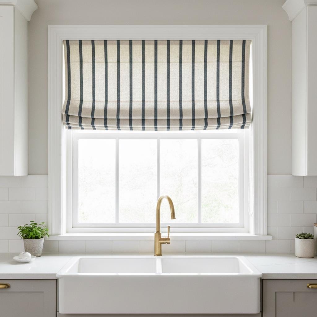 Striped Linen Roman Shade, Black Pinstripe, Custom Corded Blind — image 6