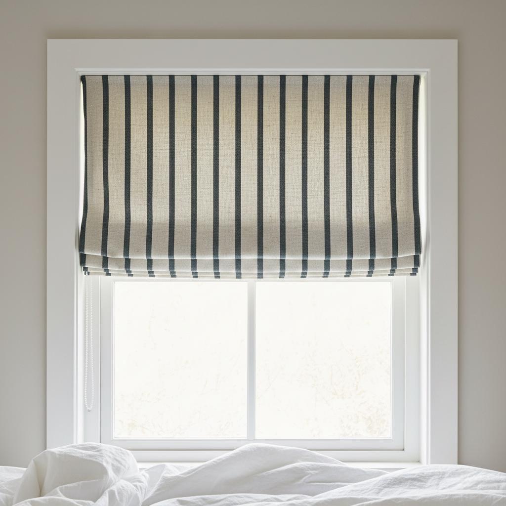 Striped Linen Roman Shade, Black Pinstripe, Custom Corded Blind — image 7