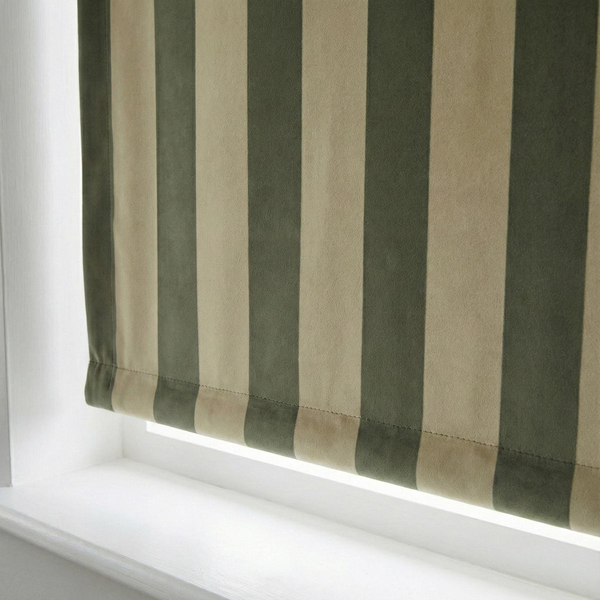 Custom Sage Green Striped Velvet Roman Shade, Oeko Tex — image 6