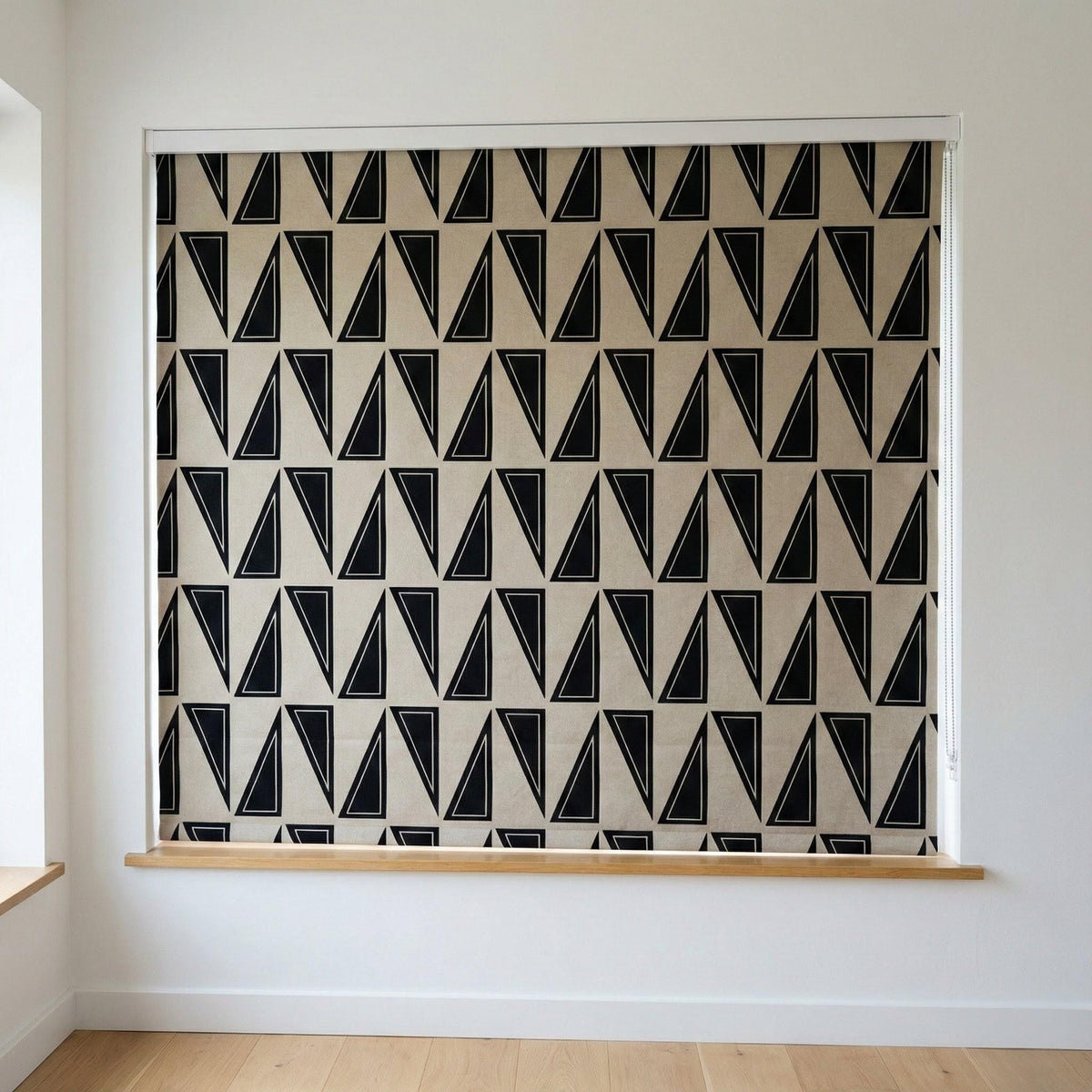 Beige Linen Roman Shade, Black Geometric Triangle Print, Custom Corded Blind — image 6
