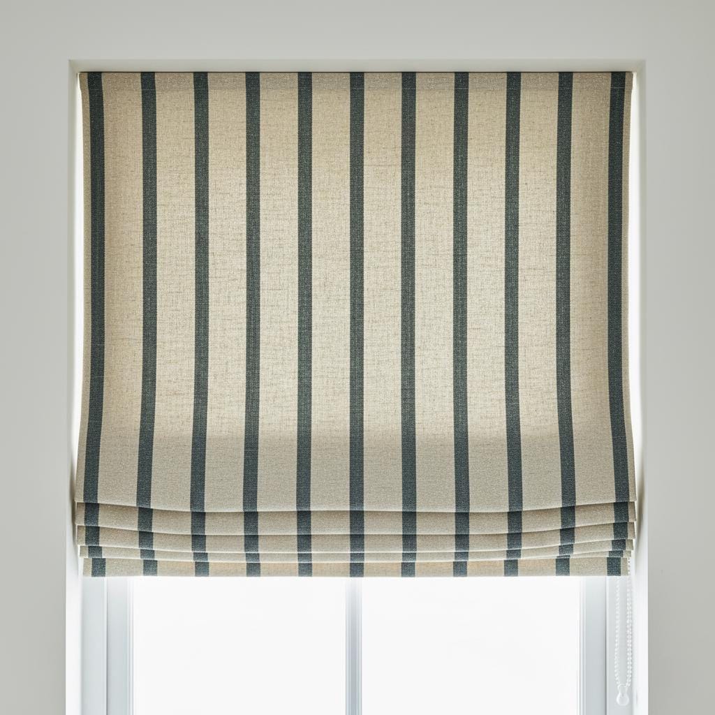 Striped Linen Roman Shade, Black Pinstripe, Custom Corded Blind — image 8