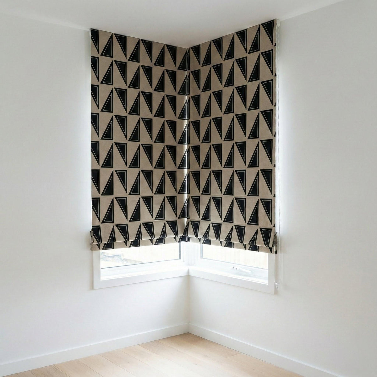 Beige Linen Roman Shade, Black Geometric Triangle Print, Custom Corded Blind — image 7