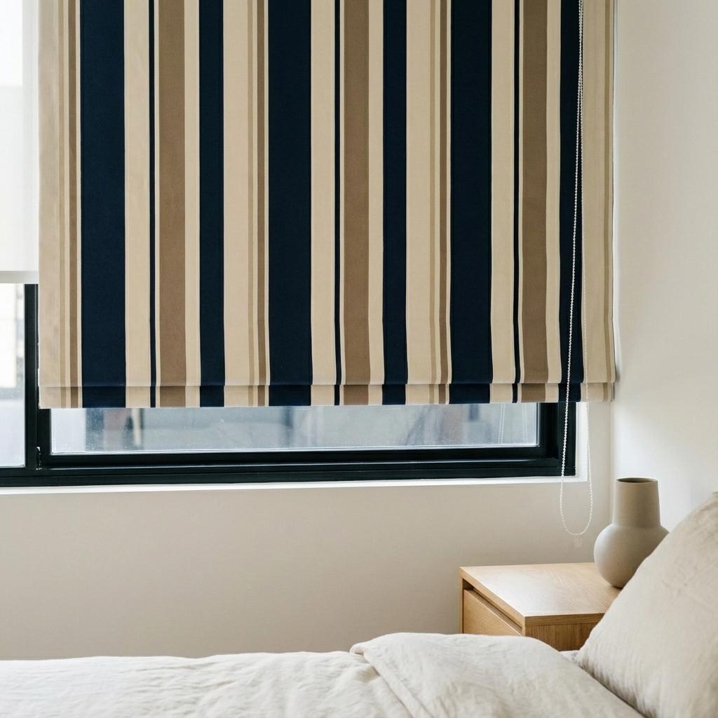 Navy Taupe Stripe Velvet Roman Shade, Custom Corded Window Blind — image 2