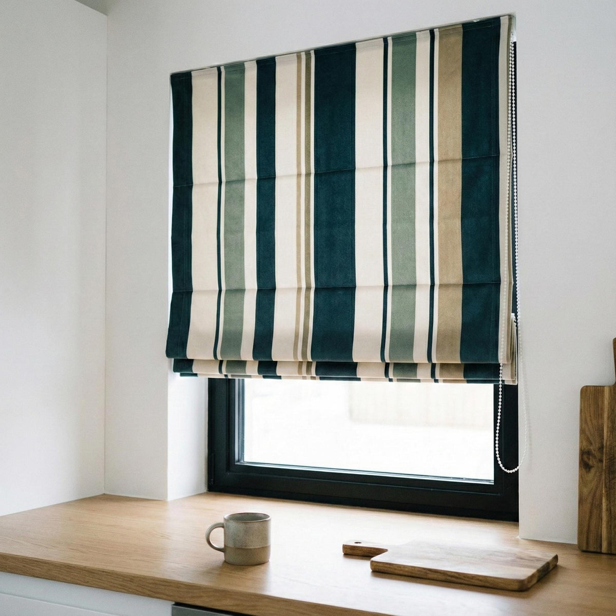 Custom Striped Velvet Roman Shade, Teal Sage Ivory, OEKO-TEX Lined Window Blind — image 1