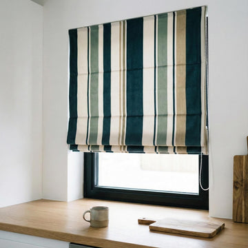 Custom Striped Velvet Roman Shade, Teal Sage Ivory, OEKO-TEX Lined Window Blind — image 1