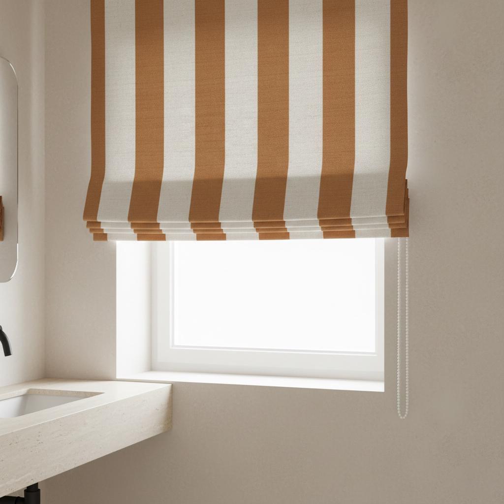 Custom Linen Roman Shade, Rust Orange & Ivory Stripe, Blackout Option — image 1