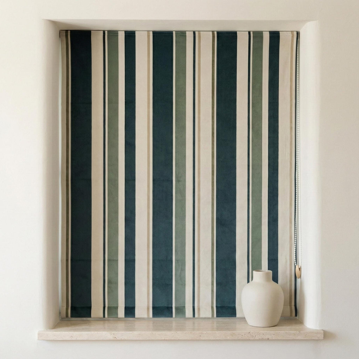 Custom Striped Velvet Roman Shade, Teal Sage Ivory, OEKO-TEX Lined Window Blind — image 3