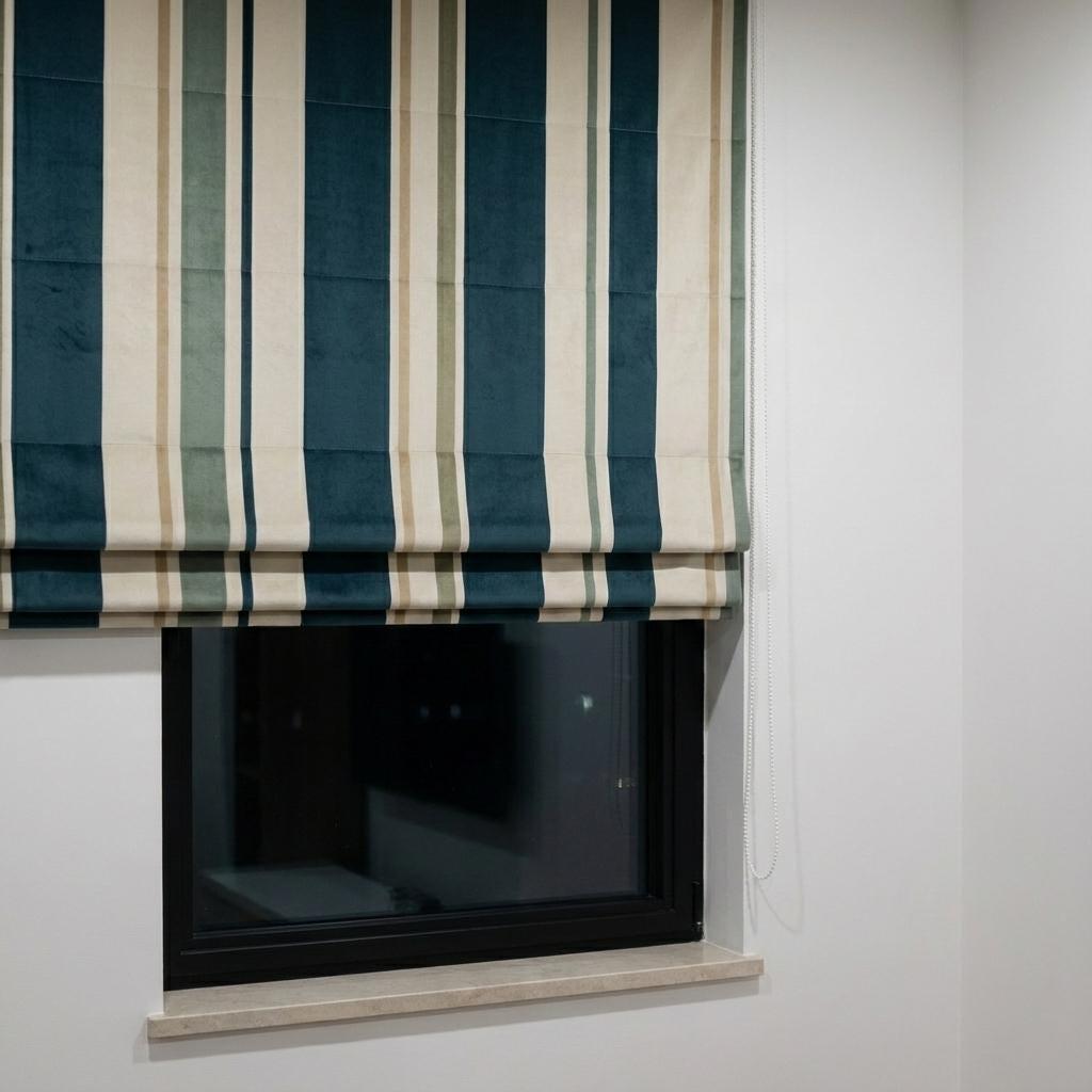 Custom Striped Velvet Roman Shade, Teal Sage Ivory, OEKO-TEX Lined Window Blind — image 4
