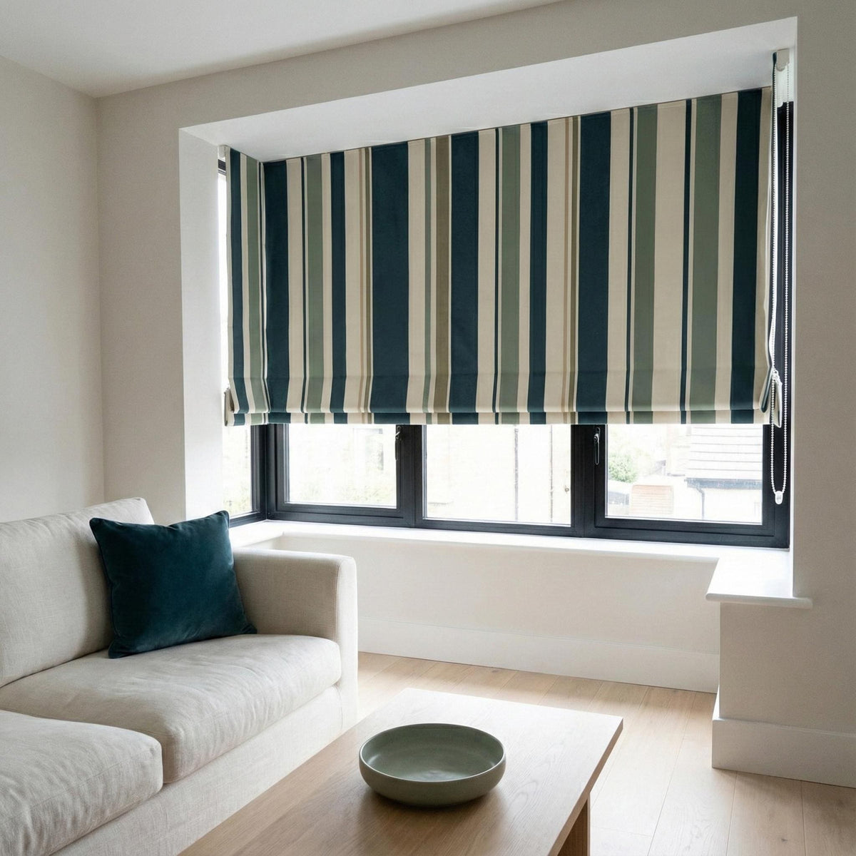 Custom Striped Velvet Roman Shade, Teal Sage Ivory, OEKO-TEX Lined Window Blind — image 5