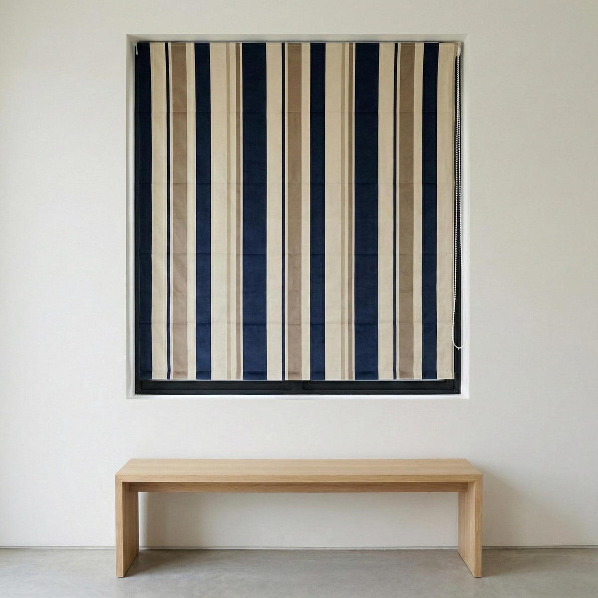 Navy Taupe Stripe Velvet Roman Shade, Custom Corded Window Blind — image 6