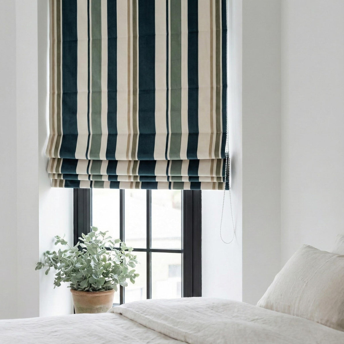 Custom Striped Velvet Roman Shade, Teal Sage Ivory, OEKO-TEX Lined Window Blind — image 7