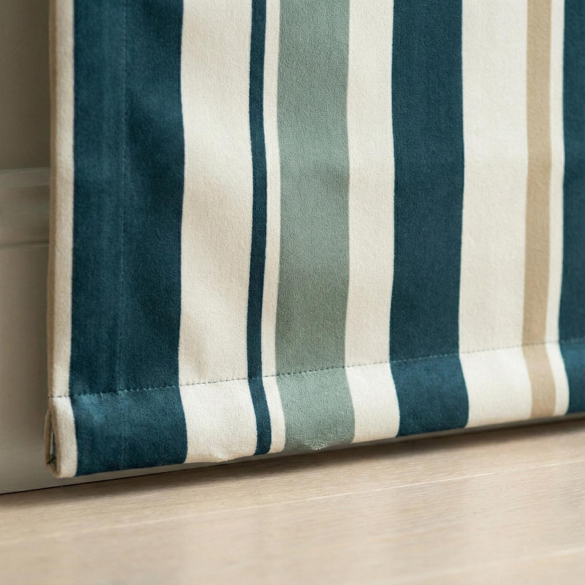 Custom Striped Velvet Roman Shade, Teal Sage Ivory, OEKO-TEX Lined Window Blind — image 8