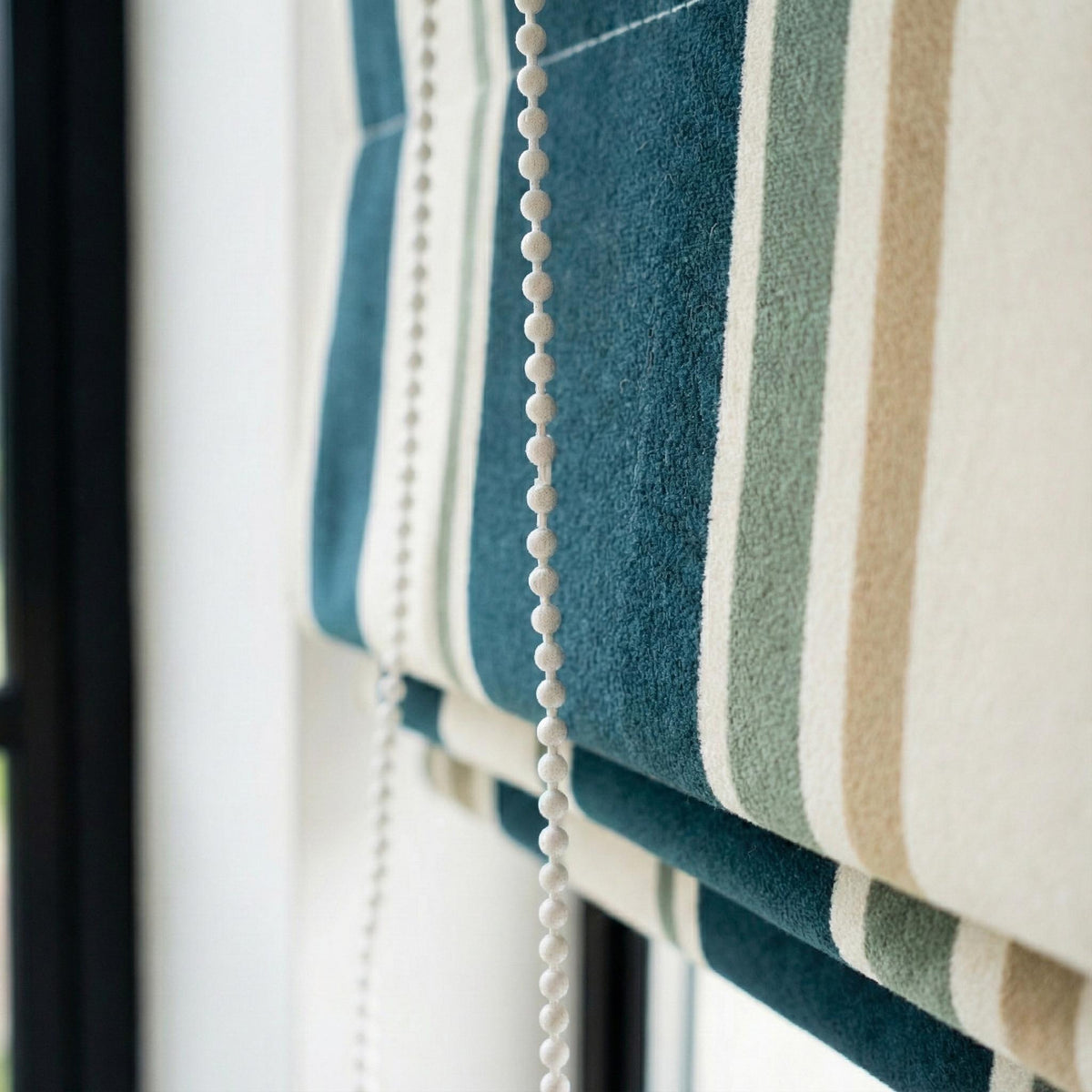 Custom Striped Velvet Roman Shade, Teal Sage Ivory, OEKO-TEX Lined Window Blind — image 9