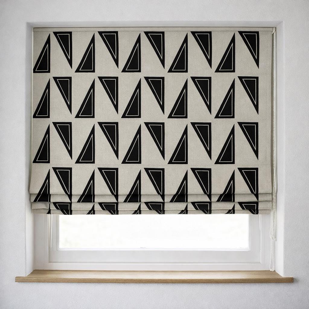 Black Geometric Linen Roman Shade, Custom Corded Blind, OEKO-TEX — image 1