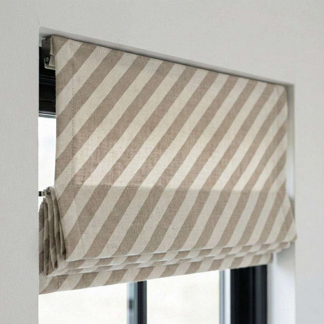 Diagonal Stripe Linen Roman Shade, Custom Taupe Beige Window Blind — image 1