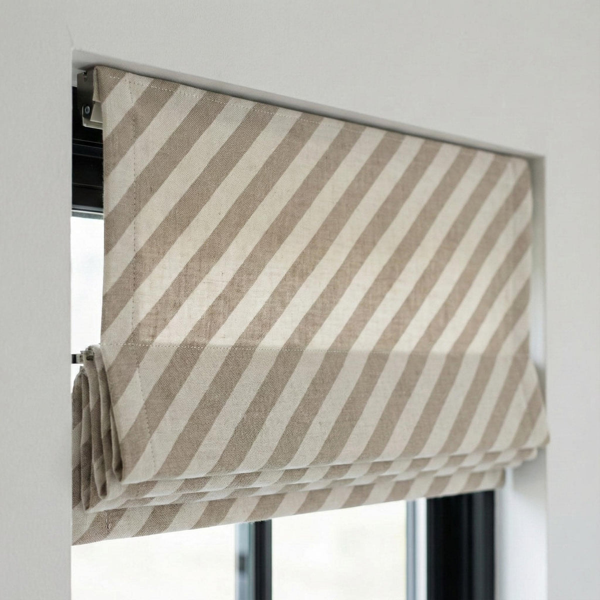 Diagonal Stripe Linen Roman Shade, Custom Taupe Beige Window Blind — image 1