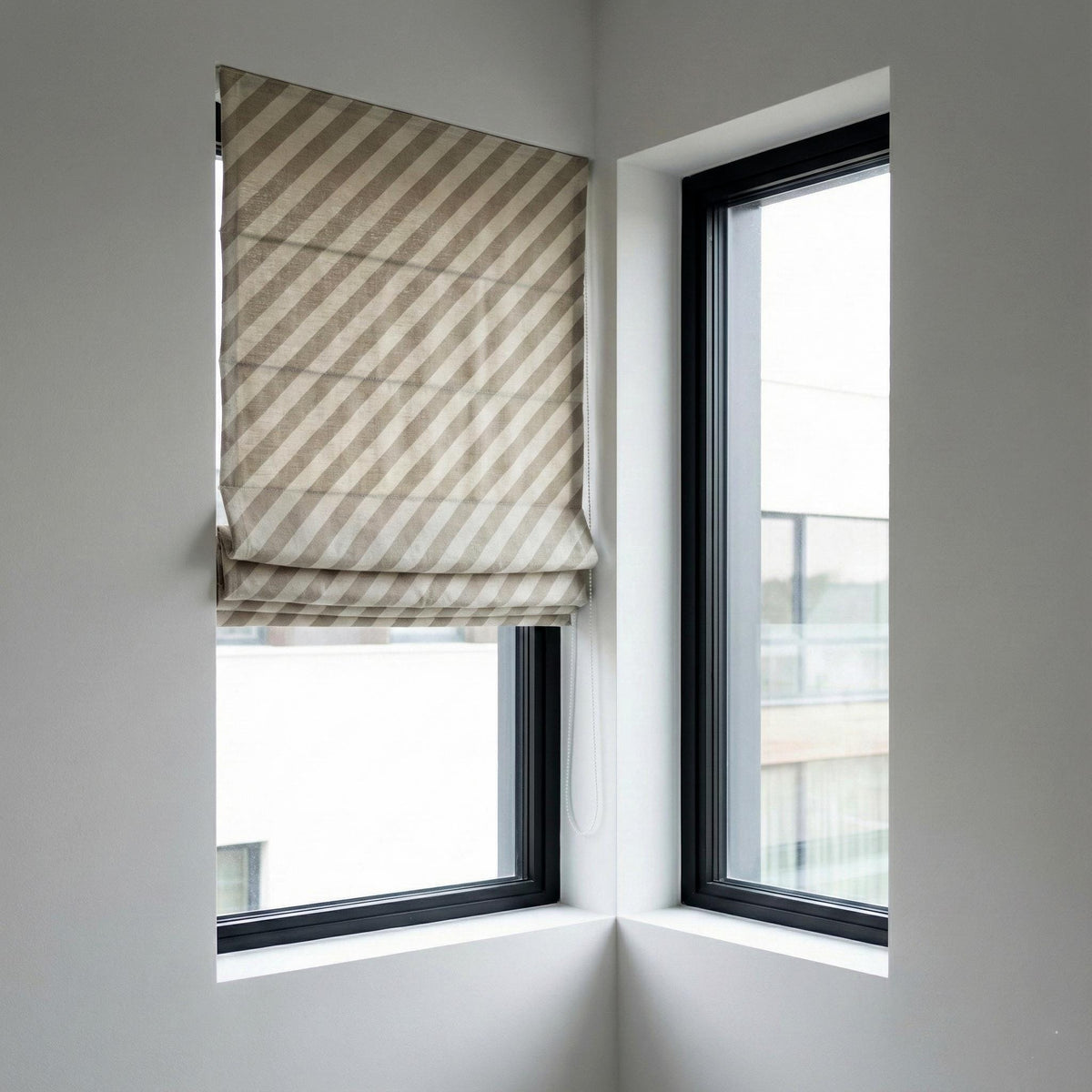 Diagonal Stripe Linen Roman Shade, Custom Taupe Beige Window Blind — image 2