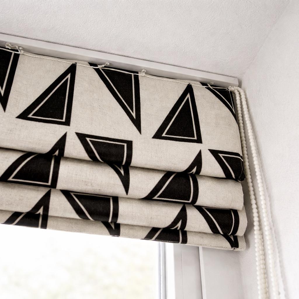 Black Geometric Linen Roman Shade, Custom Corded Blind, OEKO-TEX — image 4