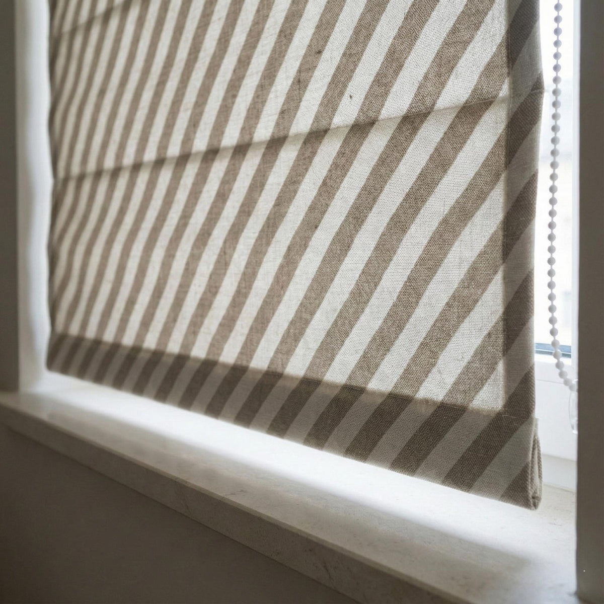 Diagonal Stripe Linen Roman Shade, Custom Taupe Beige Window Blind — image 3