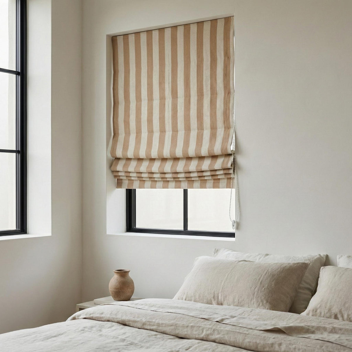 Custom Linen Roman Shade, Taupe Beige Stripe, Light Filtering or Blackout — image 3