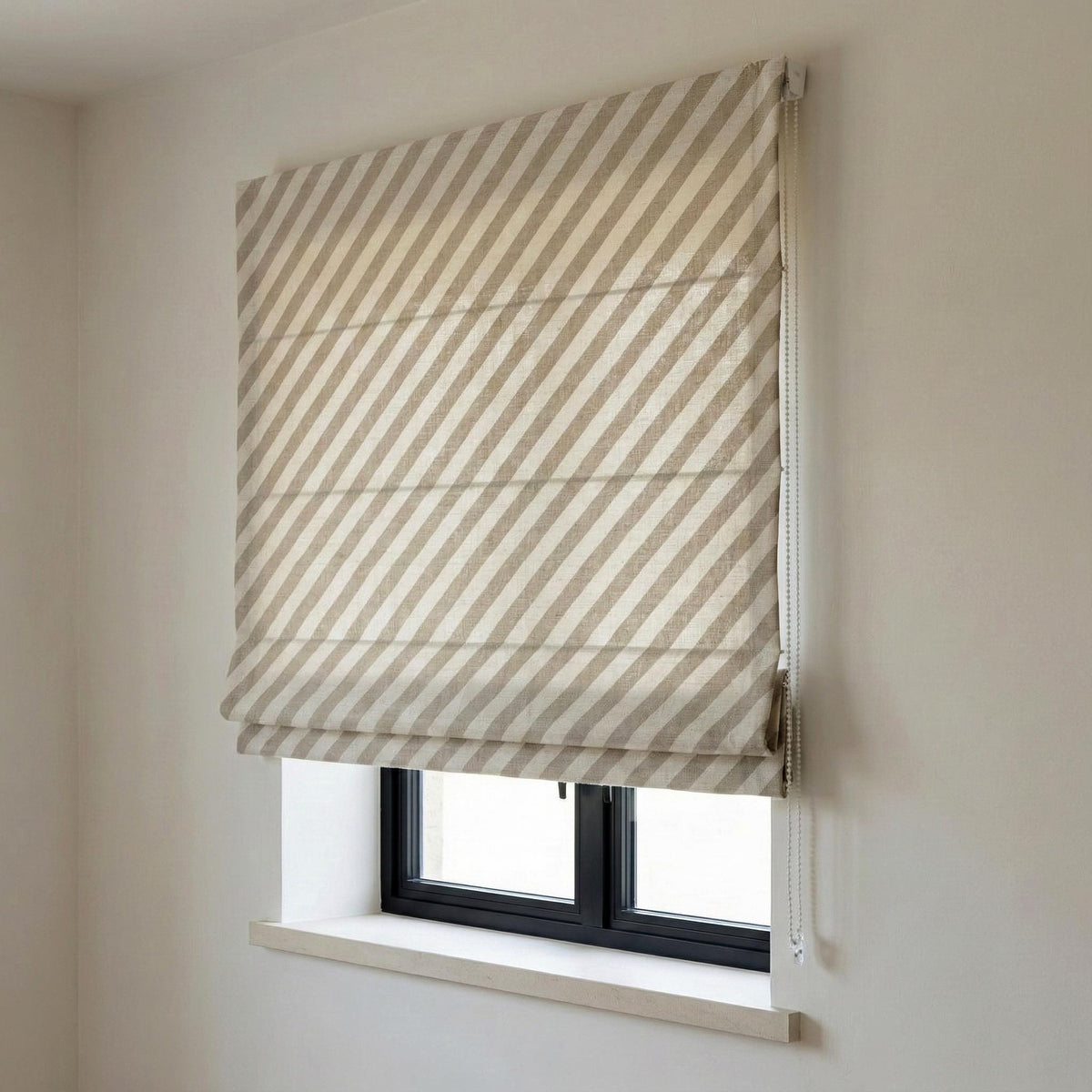 Diagonal Stripe Linen Roman Shade, Custom Taupe Beige Window Blind — image 4