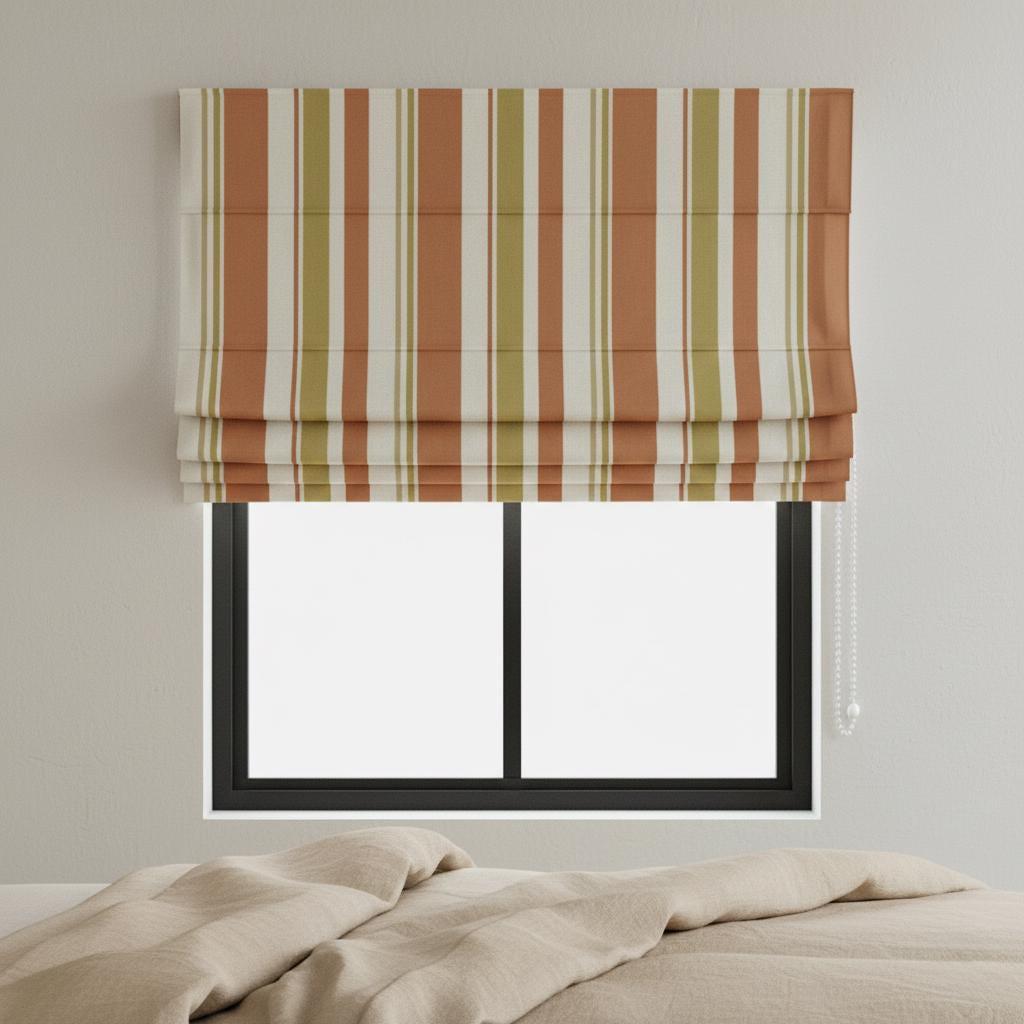 Striped Velvet Roman Shade, Terracotta Olive Cream, Custom Corded Blind — image 1