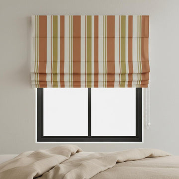 Striped Velvet Roman Shade, Terracotta Olive Cream, Custom Corded Blind — image 1