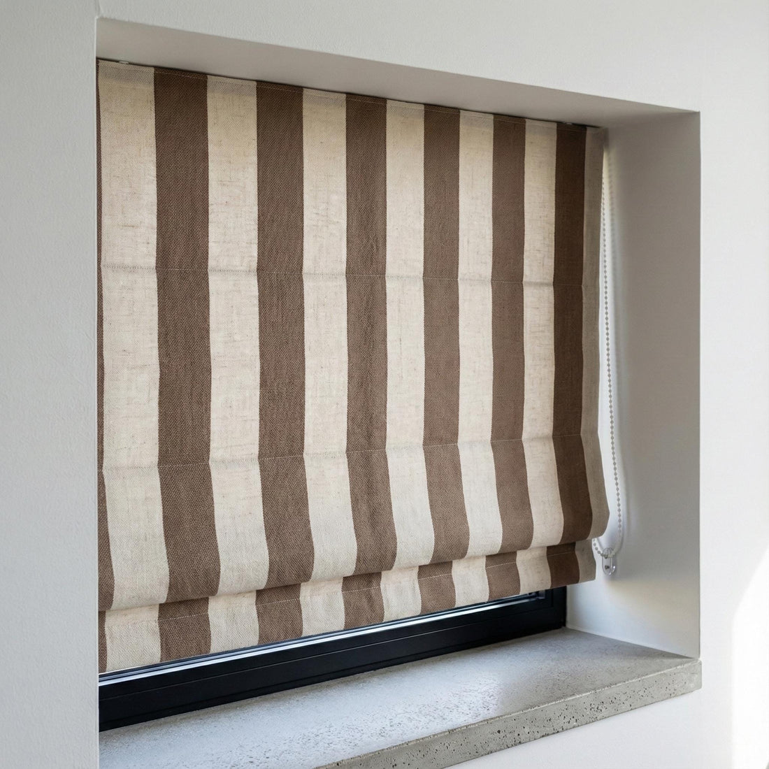 Taupe & Natural Striped Linen Roman Shade, Corded Custom Roman Blind, Blackout or Light Filtering Lined, Inside/Outside Mount — image 1