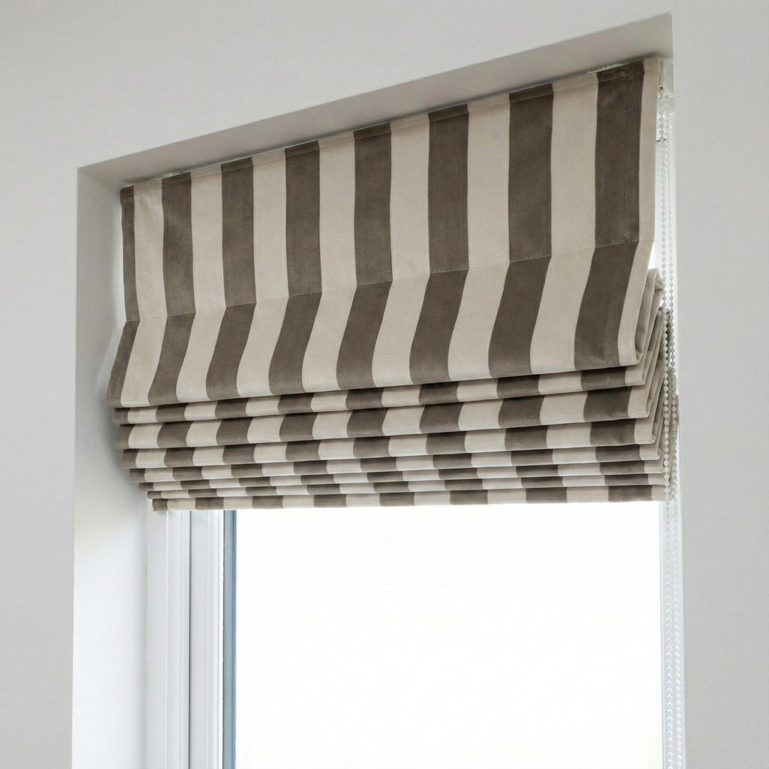 Taupe Striped Velvet Roman Shade, Custom Blackout Window Treatment — image 1