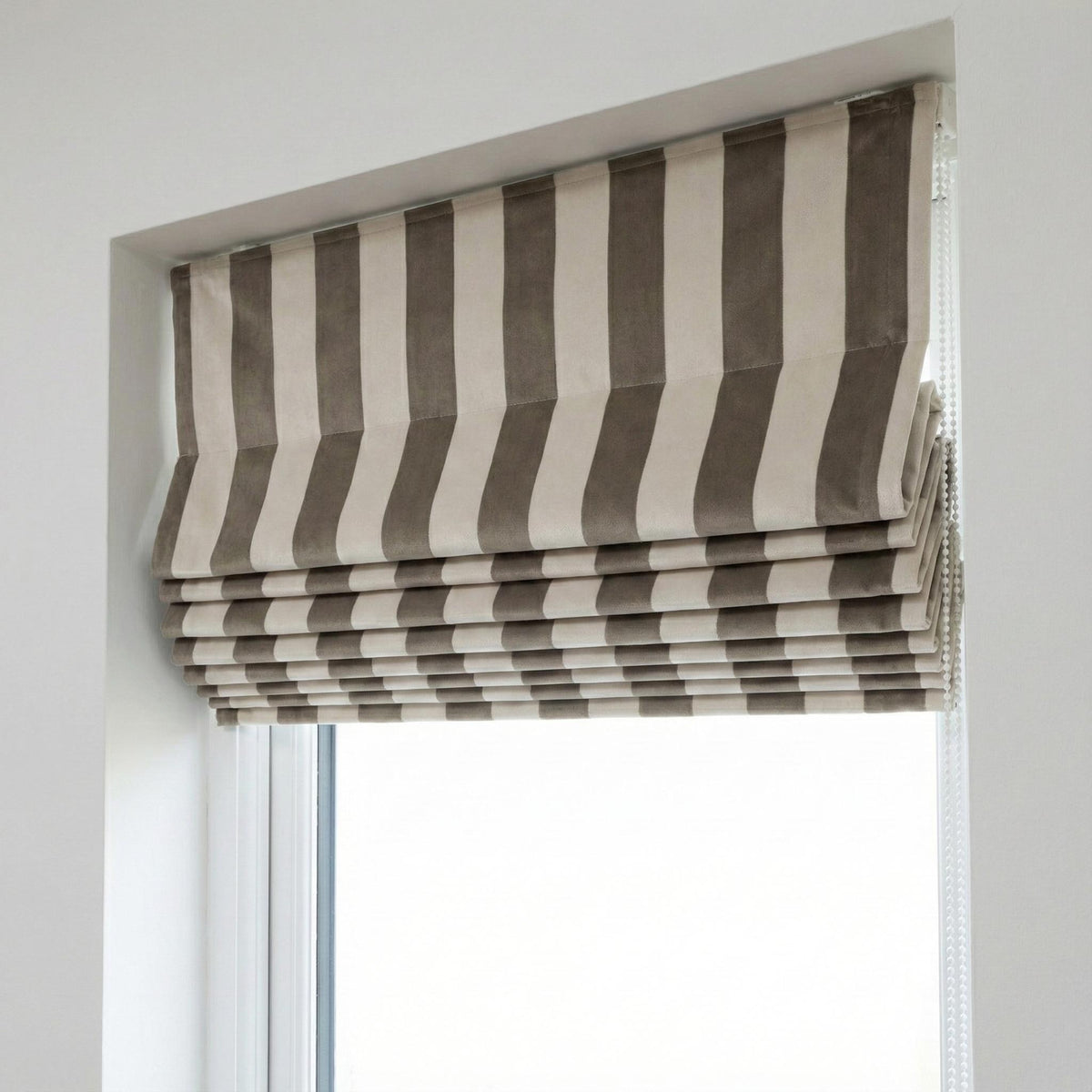 Taupe Striped Velvet Roman Shade, Custom Blackout Window Treatment — image 2