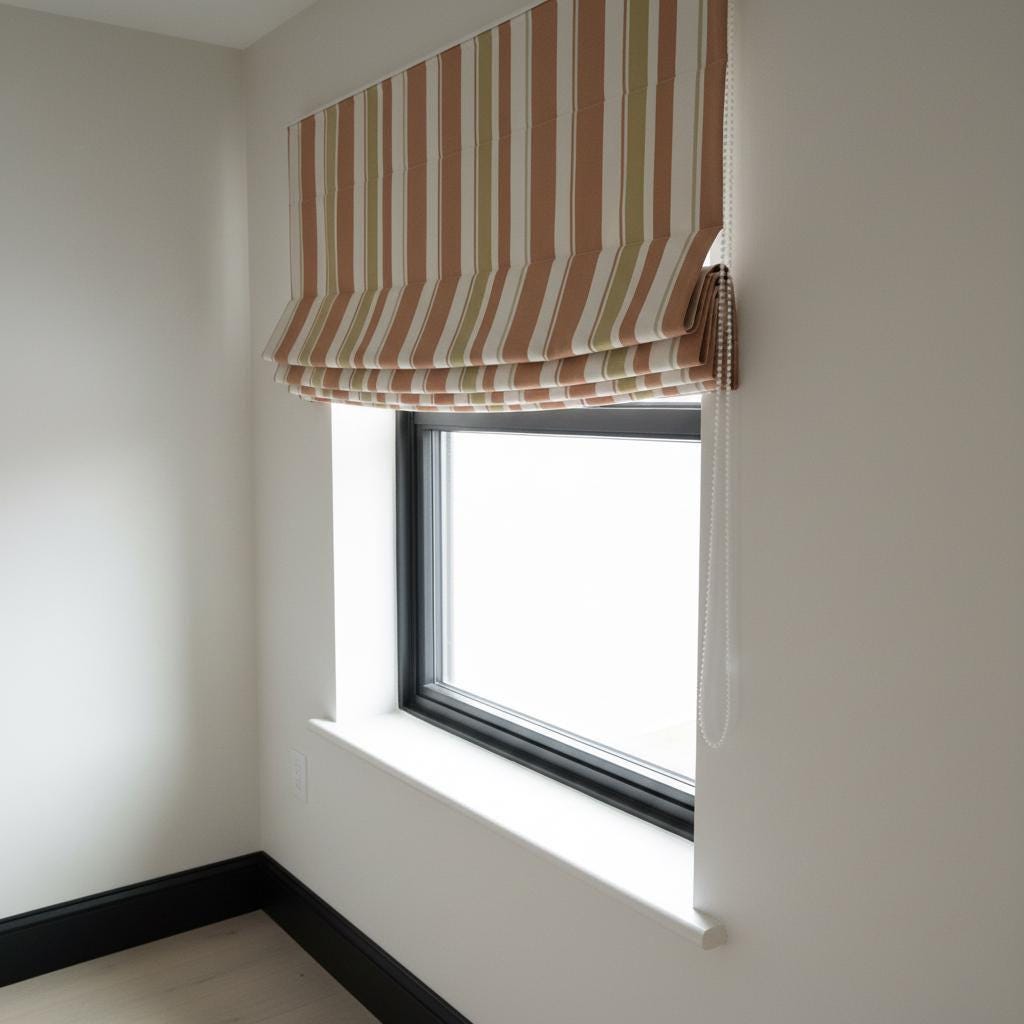 Striped Velvet Roman Shade, Terracotta Olive Cream, Custom Corded Blind — image 4