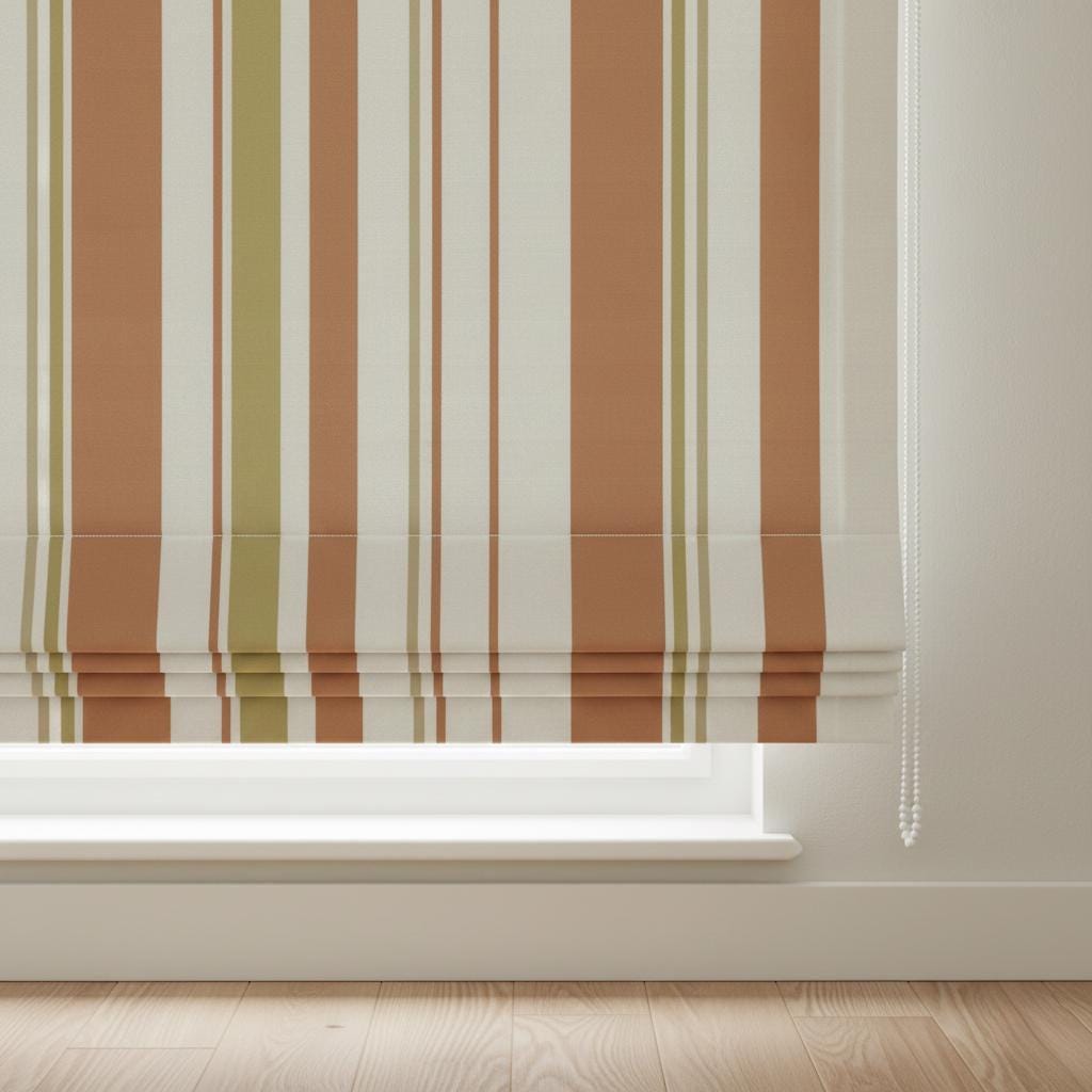 Striped Velvet Roman Shade, Terracotta Olive Cream, Custom Corded Blind — image 5