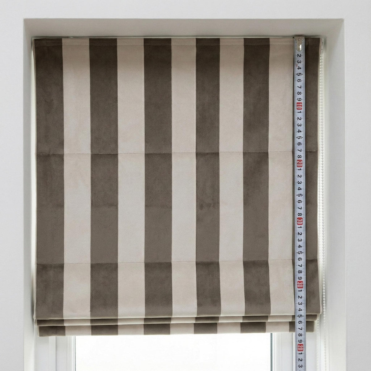 Taupe Striped Velvet Roman Shade, Custom Blackout Window Treatment — image 5
