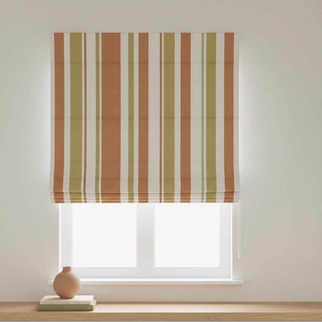 Striped Velvet Roman Shade, Terracotta Olive Cream, Custom Corded Blind — image 6