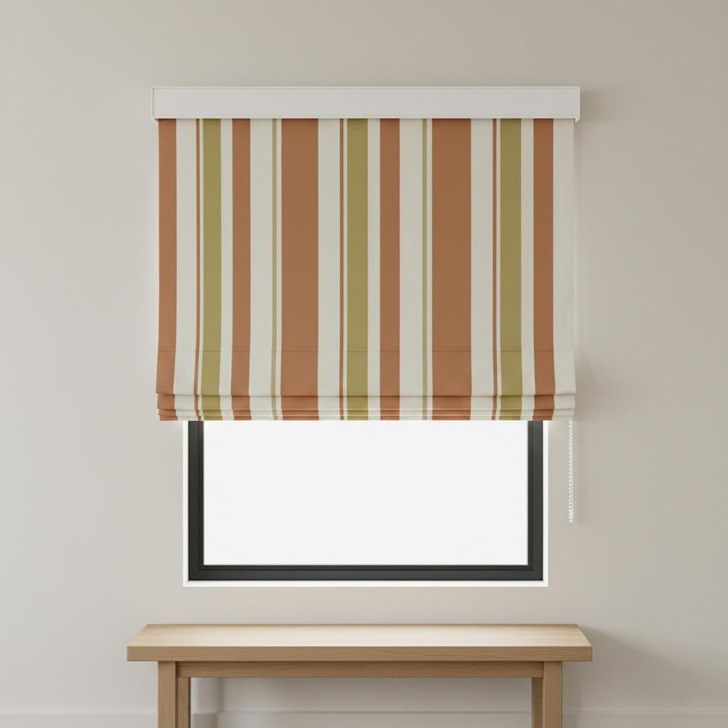 Striped Velvet Roman Shade, Terracotta Olive Cream, Custom Corded Blind — image 7