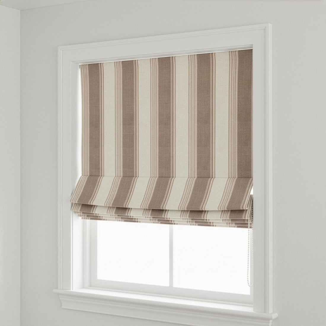 Farmhouse Stripe Roman Shade - Organic Linen with Blackout or Light-Filtering - Natural Flax, Beige & Mud — image 1
