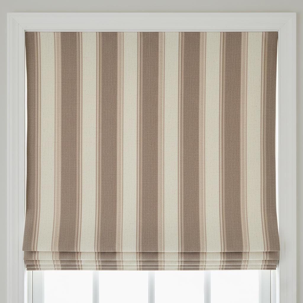 Farmhouse Stripe Roman Shade - Organic Linen with Blackout or Light-Filtering - Natural Flax, Beige & Mud — image 3