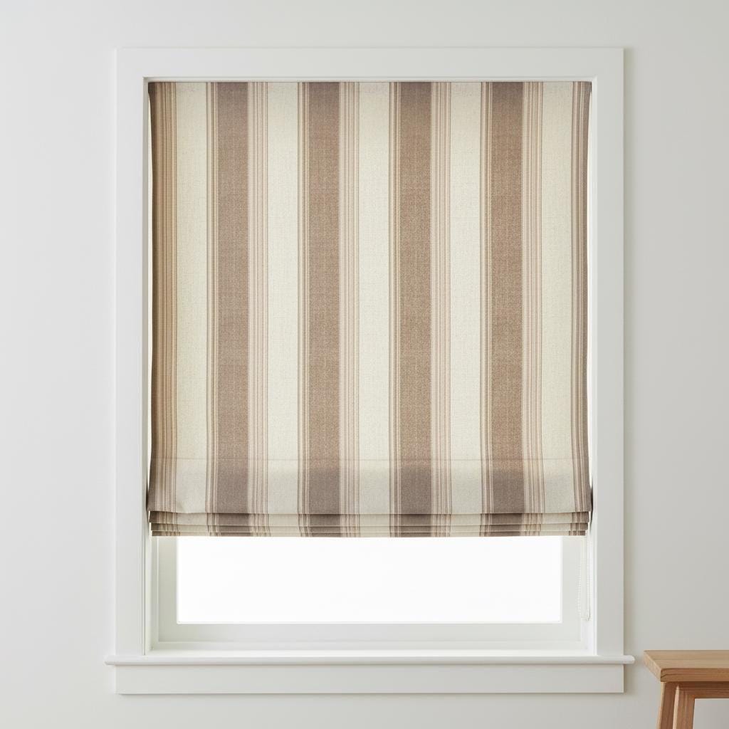 Farmhouse Stripe Roman Shade - Organic Linen with Blackout or Light-Filtering - Natural Flax, Beige & Mud — image 6