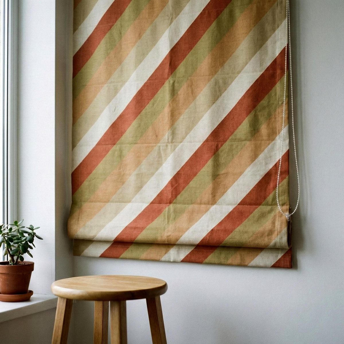Terracotta Stripe Linen Roman Shade | Custom Corded Blind, OEKO-TEX — image 1